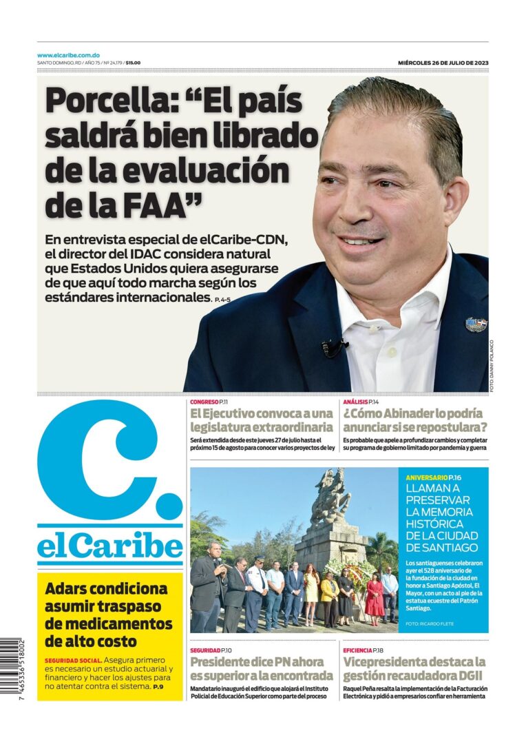 Portada Periódico El Caribe, Miércoles 26 Julio, 2023