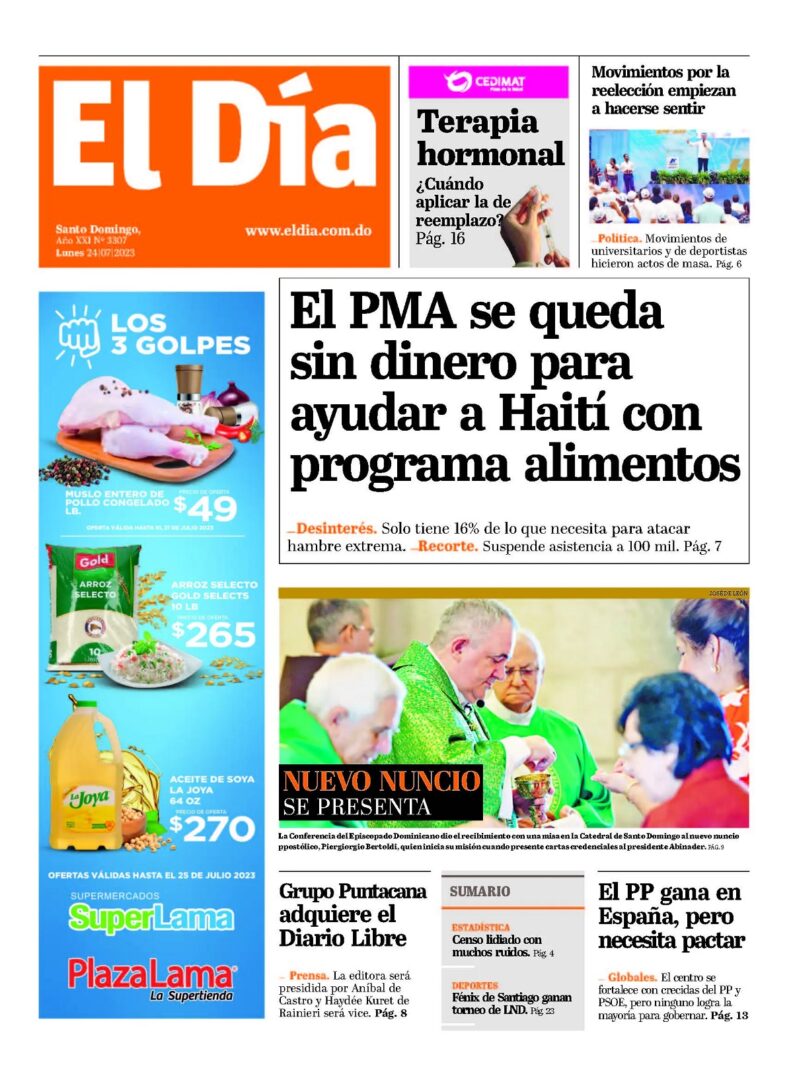 Portada Periódico El Día, Lunes 24 Julio, 2023