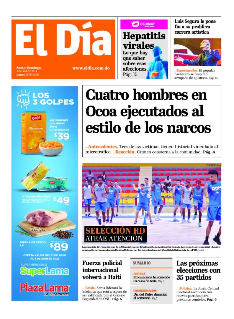 Portada Periódico El Día, Lunes 31 Julio, 2023