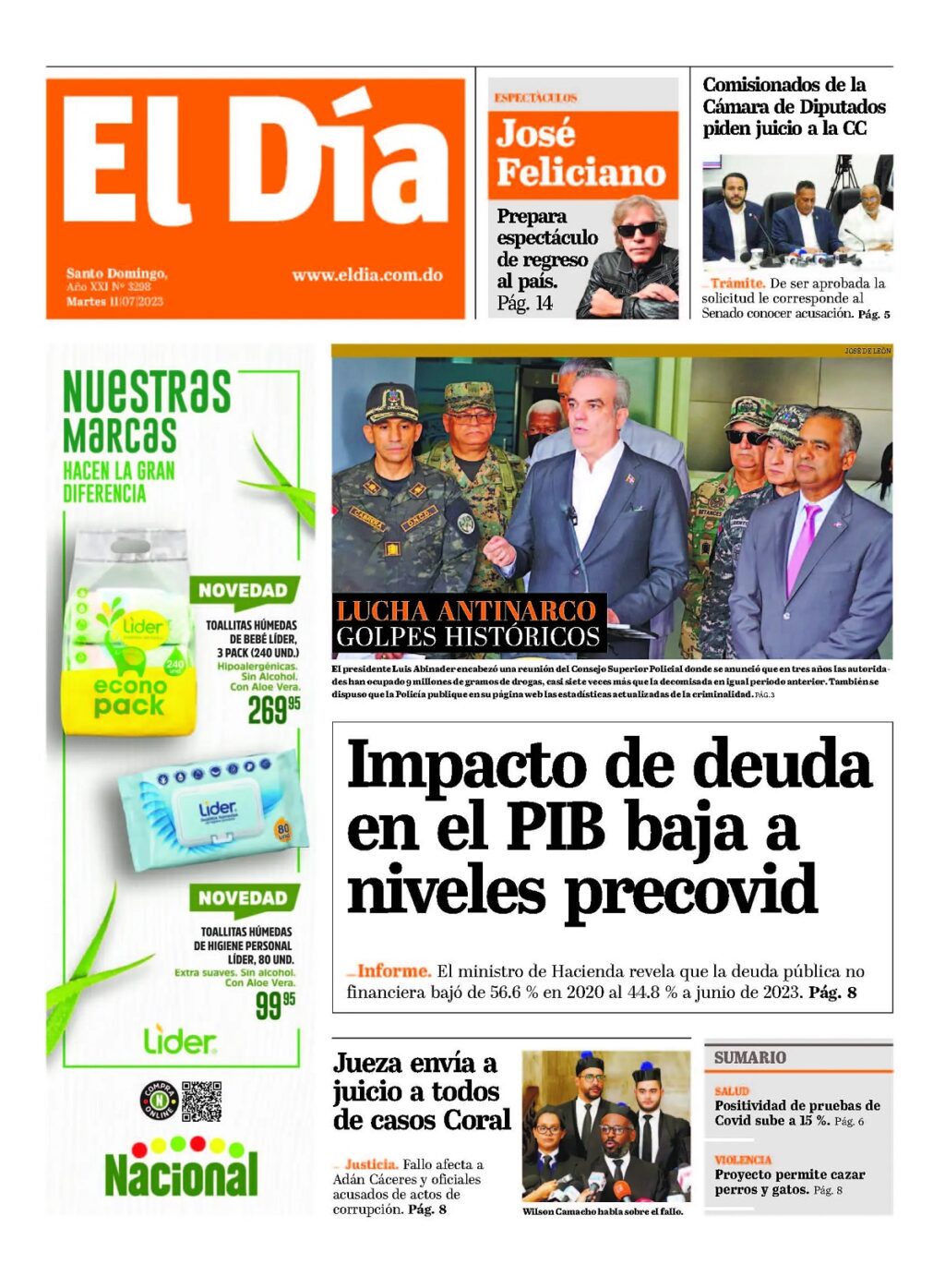 Portada Periódico El Día, Martes 11 Julio, 2023 Dominicana.do