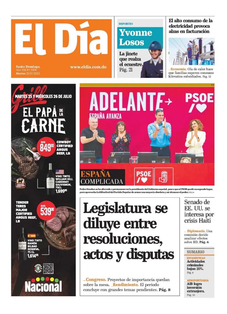Portada Periódico El Día, Martes 25 Julio, 2023