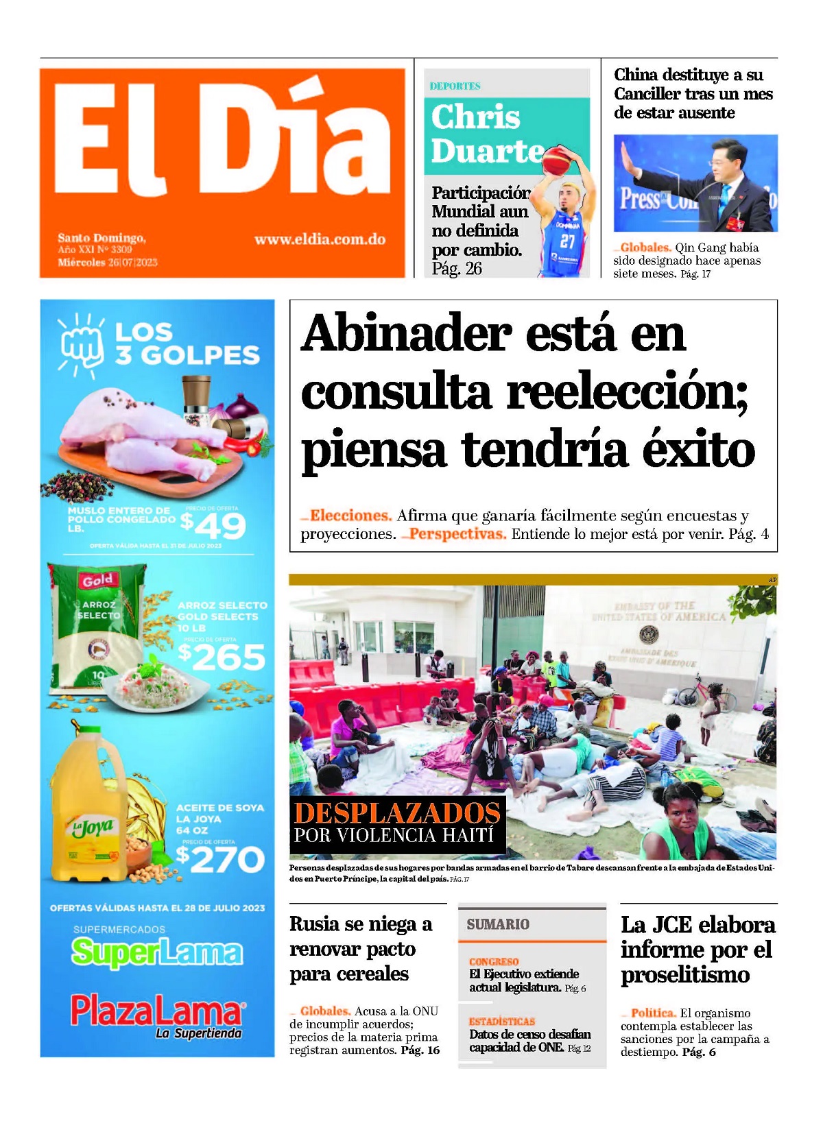 Portada Periódico Diario Libre, Miércoles 26 Julio, 2023