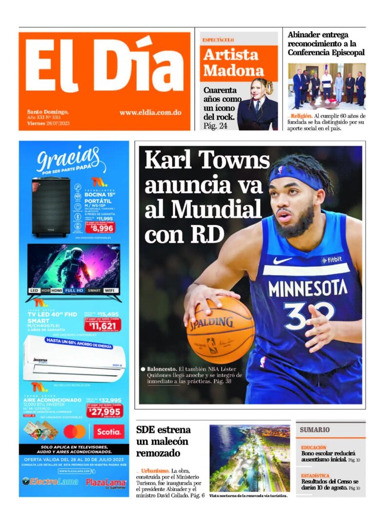 Portada Periódico El Día, Viernes 28 Julio, 2023