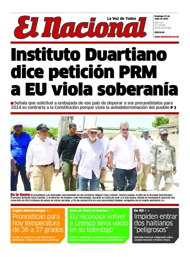 Portada Periódico El Nacional, Dominigo 23 Julio, 2023