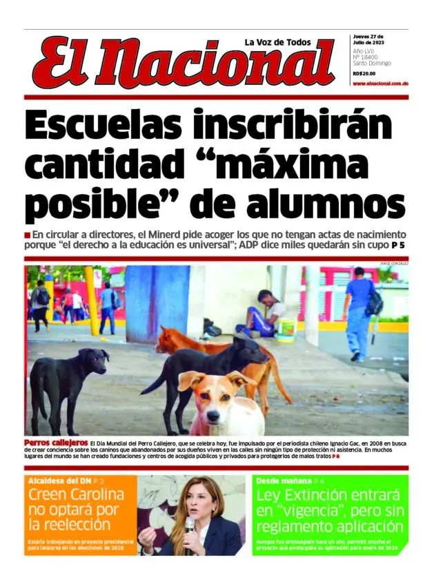 Portada Periódico El Nacional, Jueves 27 Julio, 2023