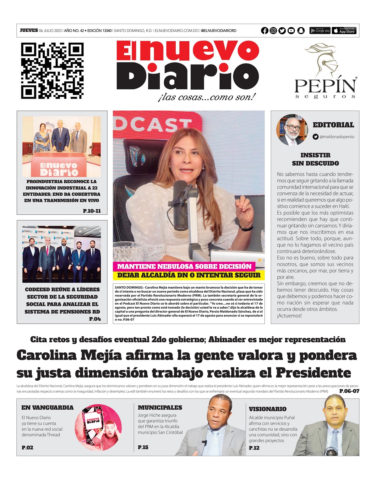 Portada Periódico El Nuevo Diario, Jueves 06 Julio, 2023