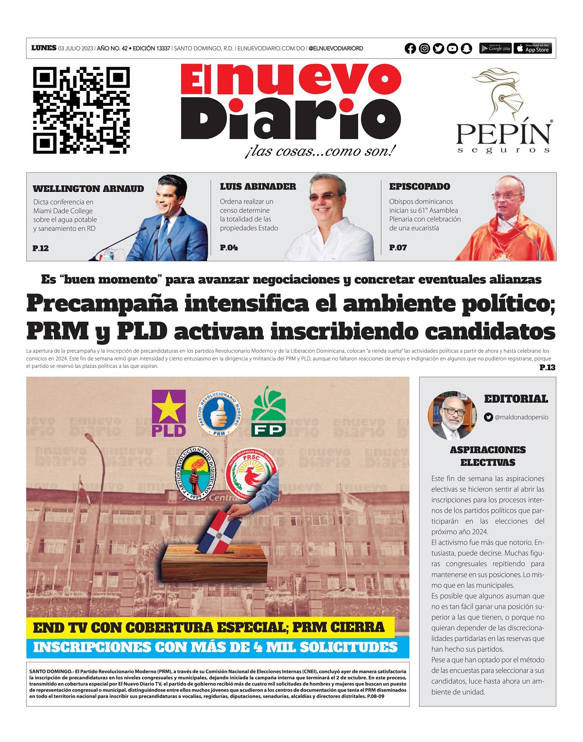 Portada Periódico El Nuevo Diario, Lunes 03 Julio, 2023