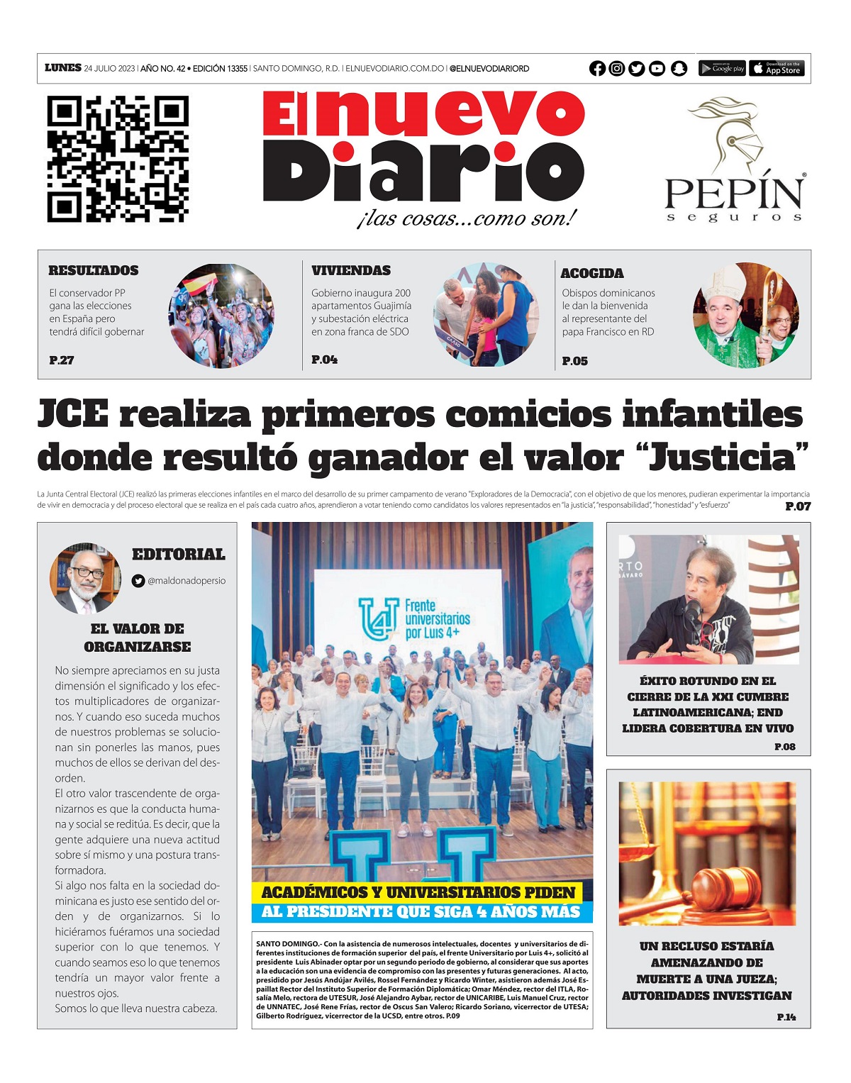 Portada Periódico El Nuevo Diario, Lunes 24 Julio, 2023
