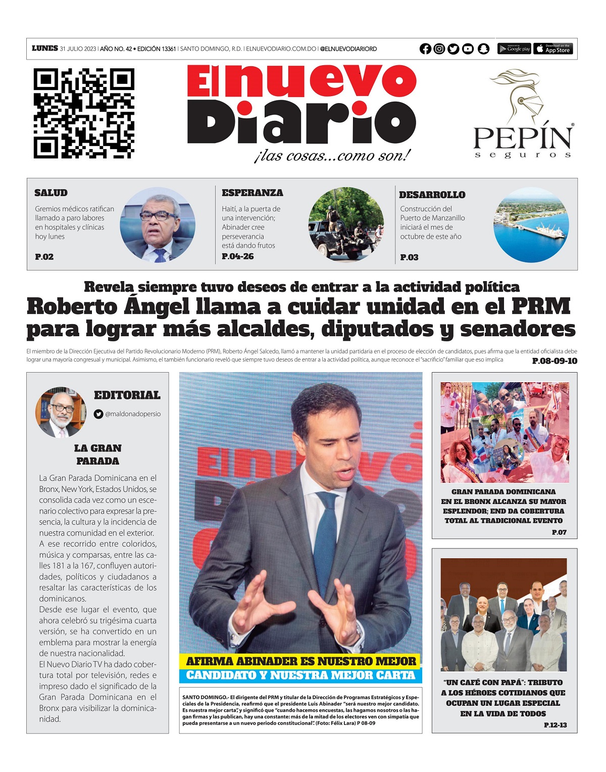 Portada Periódico El Nuevo Diario, Lunes 31 Julio, 2023