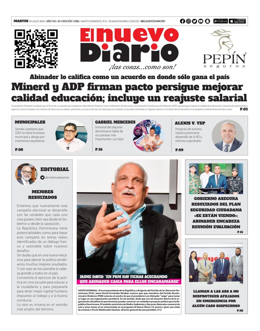 Portada Periódico El Nuevo Diario, Martes 25 Julio, 2023
