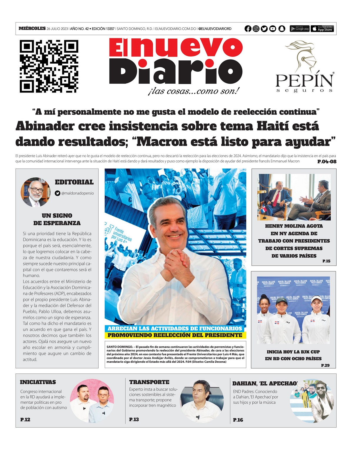 Portada Periódico El Nuevo Diario, Miércoles 26 Julio, 2023