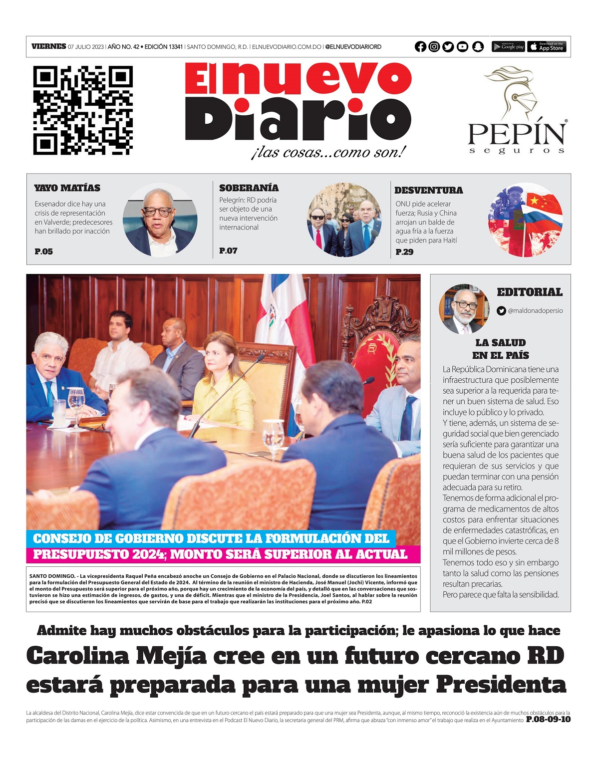 Portada Periódico El Nuevo Diario, Viernes 07 Julio, 2023