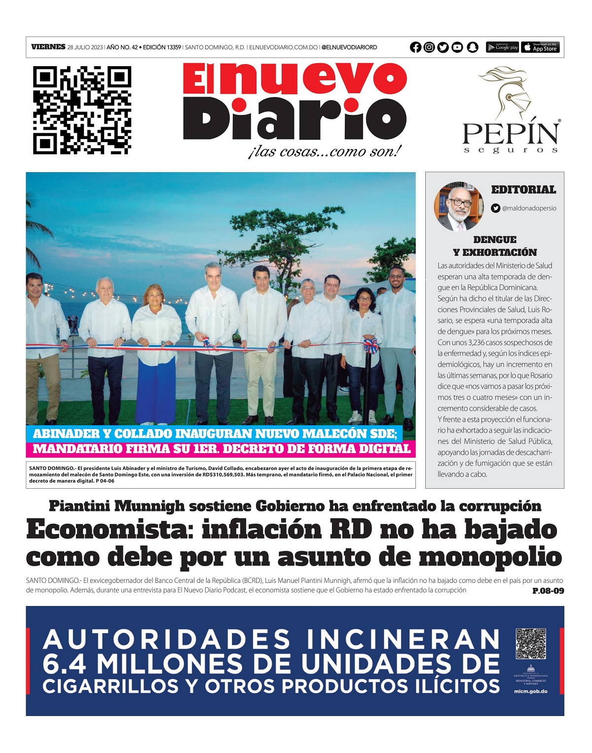 Portada Periódico El Nuevo Diario, Viernes 28 Julio, 2023