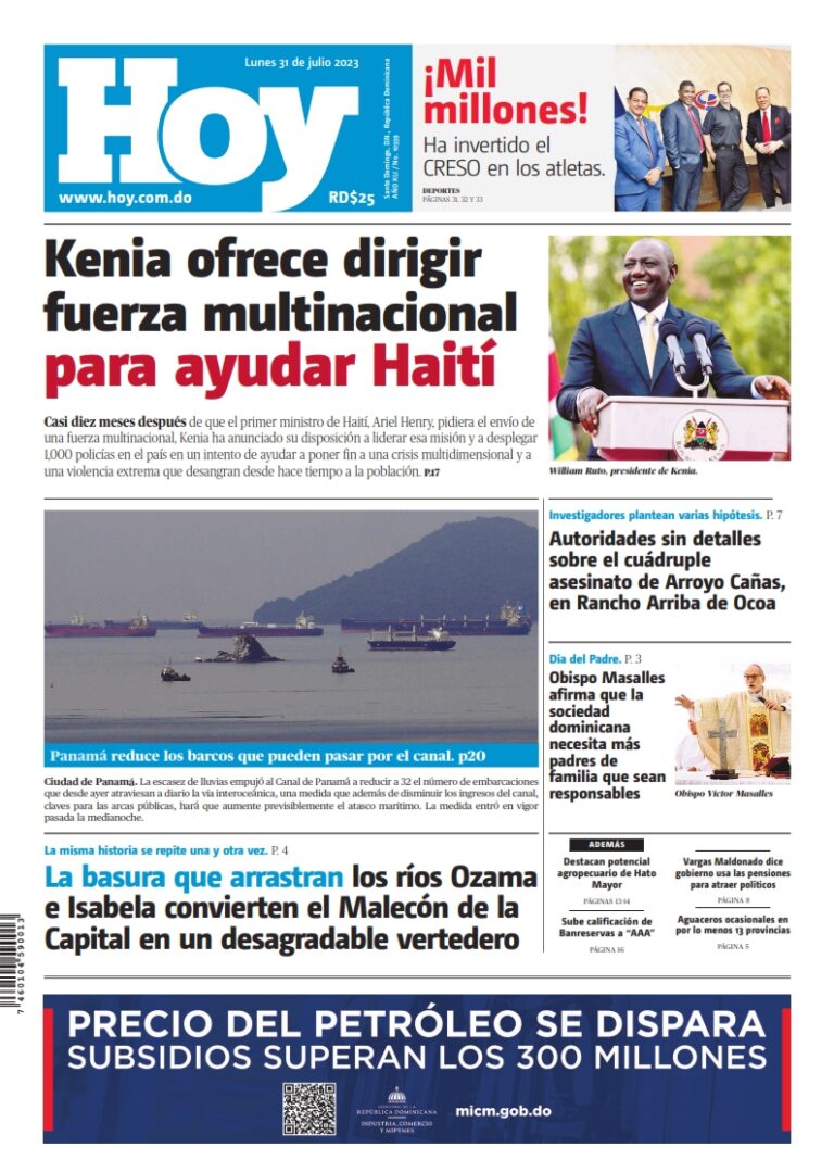 Portada Periódico Hoy, Lunes 31 Julio, 2023