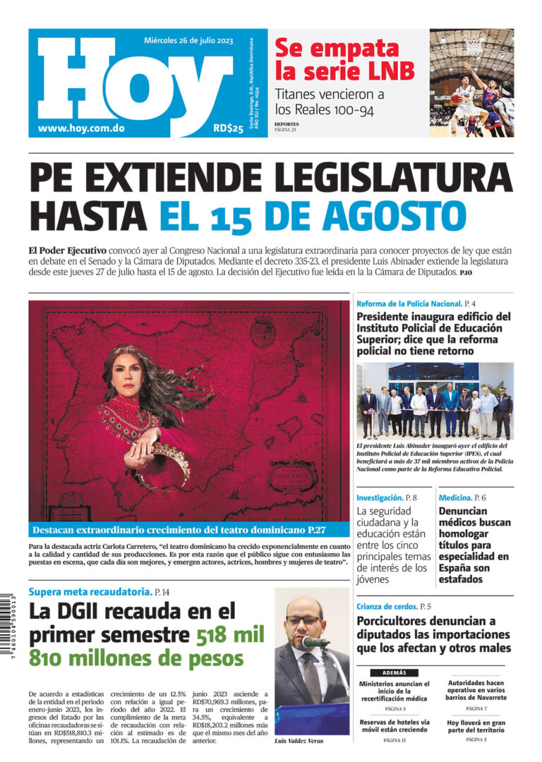 Portada Periódico Hoy, Miércoles 26 Julio, 2023