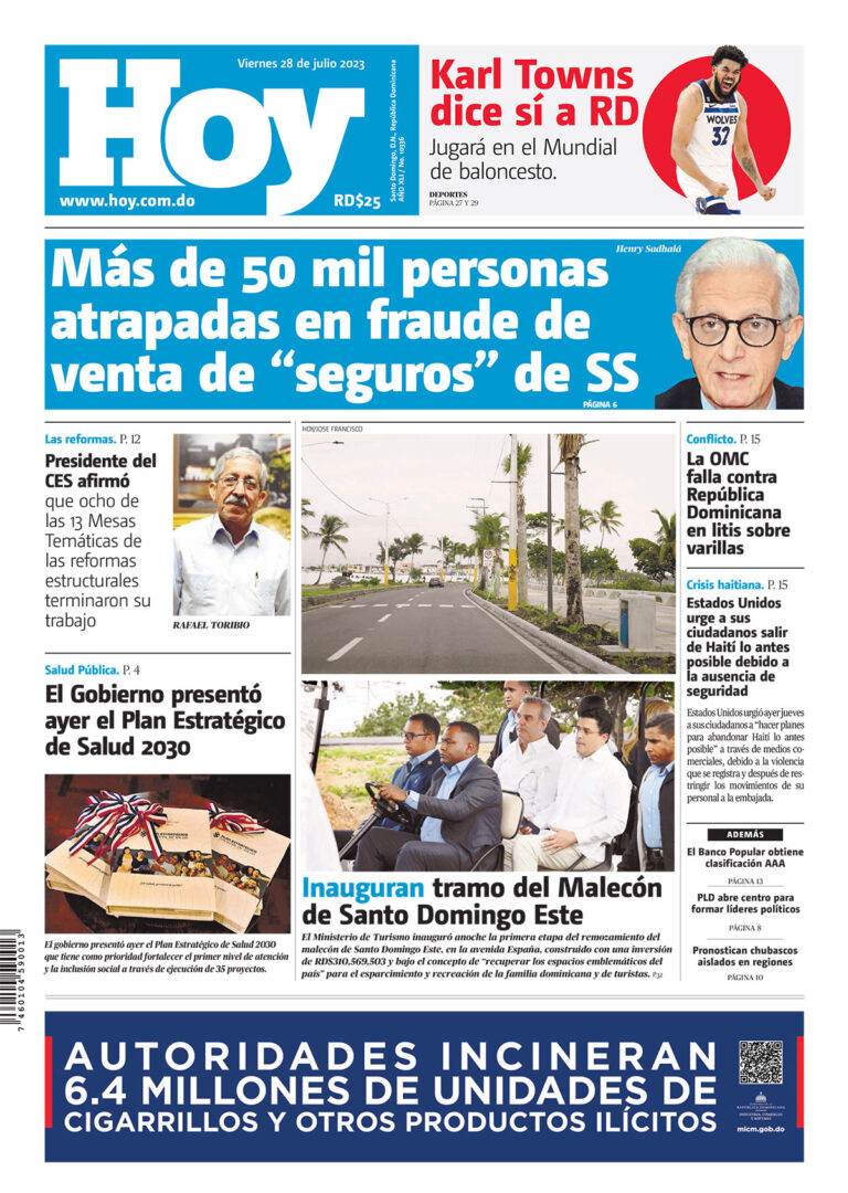 Portada Periódico Hoy, Viernes 28 Julio, 2023
