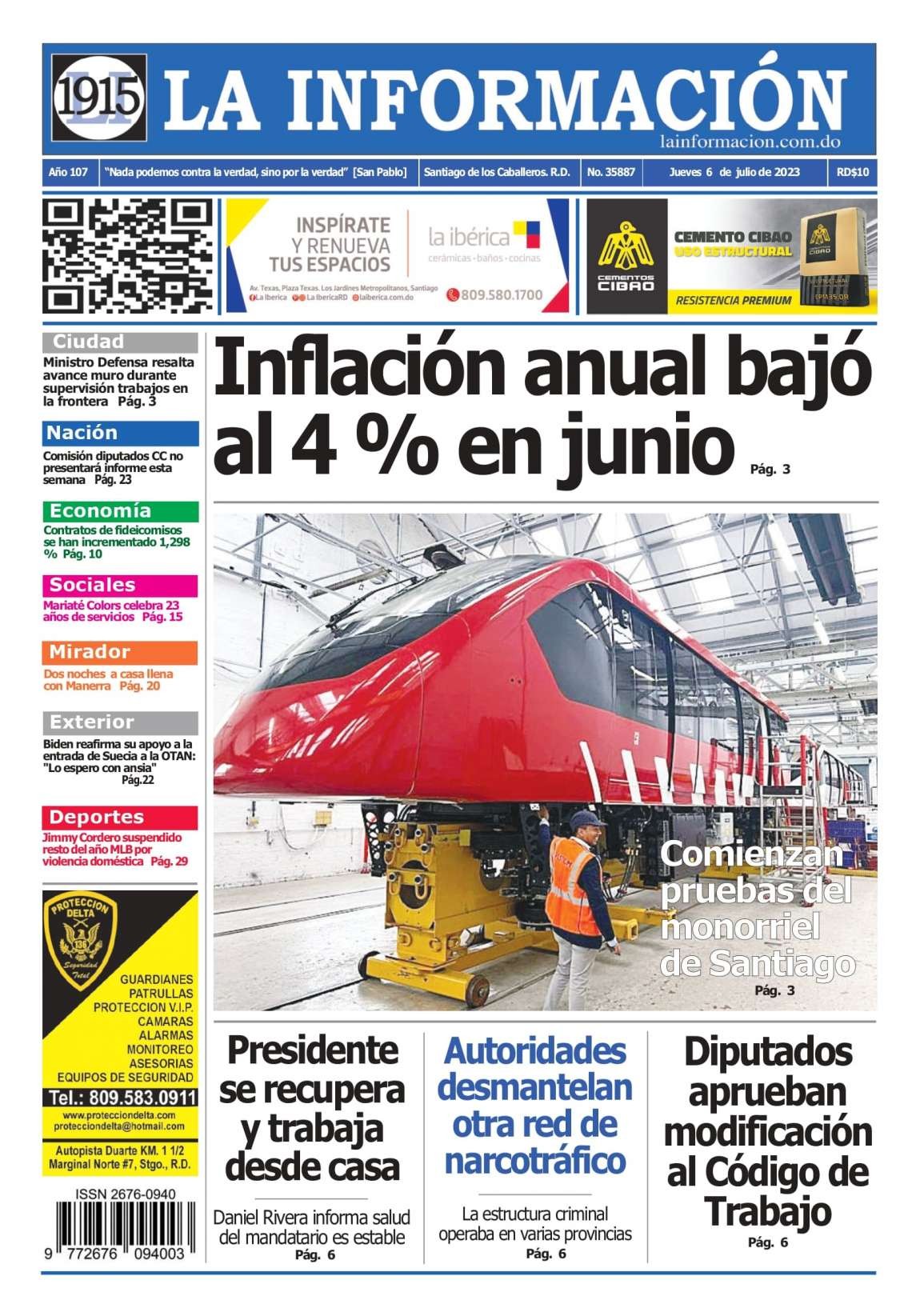 Portada Periódico La Información, Jueves 06 Julio, 2023