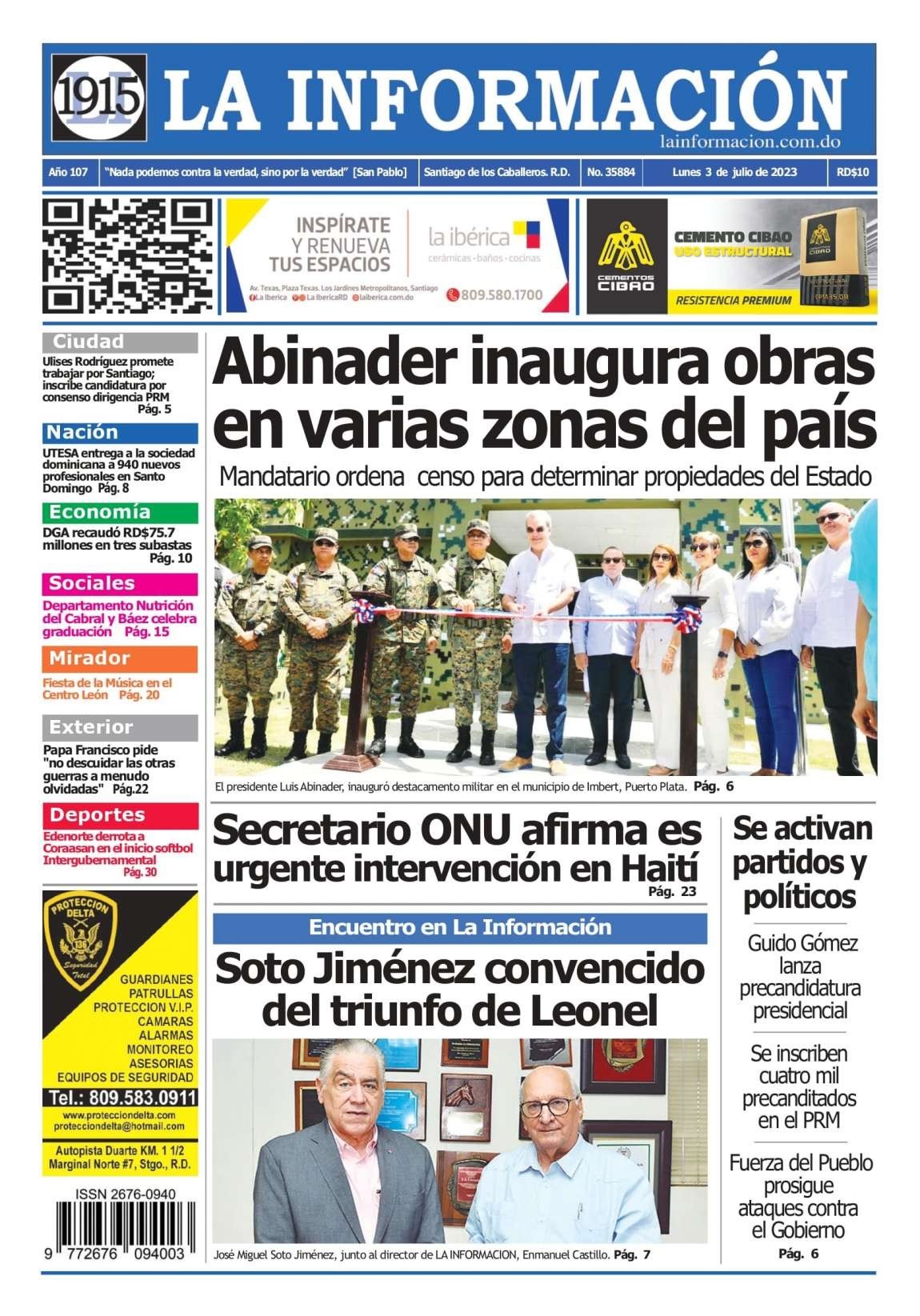Portada Periódico La Información, Lunes 03 Julio, 2023
