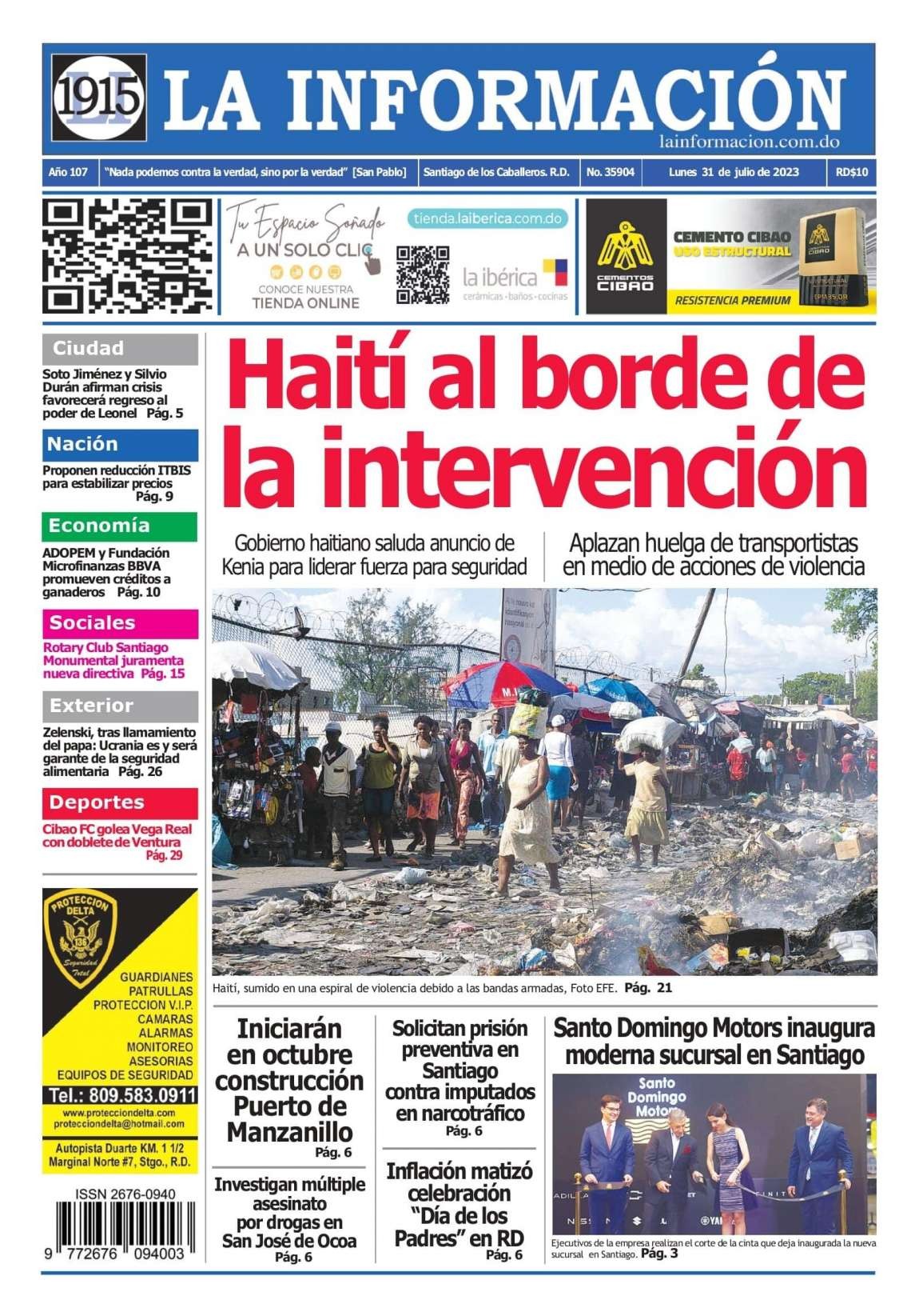 Portada Periódico La Información, Lunes 31 Julio, 2023