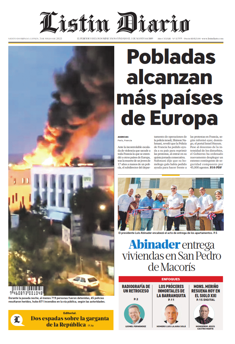 Portada Periódico Listín Diario, Lunes 03 Julio, 2023