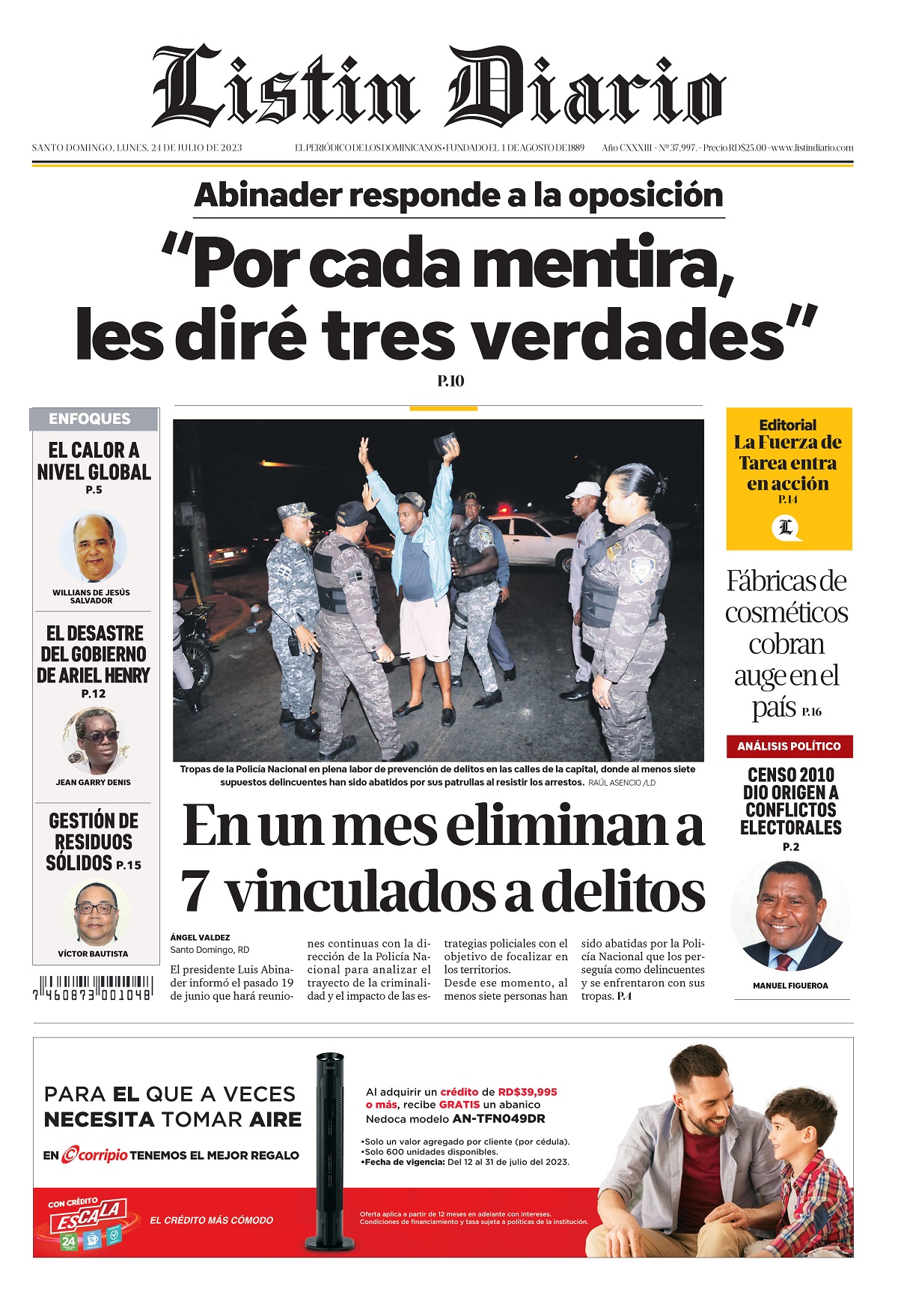 Portada Periódico Listín Diario, Lunes 24 Julio, 2023