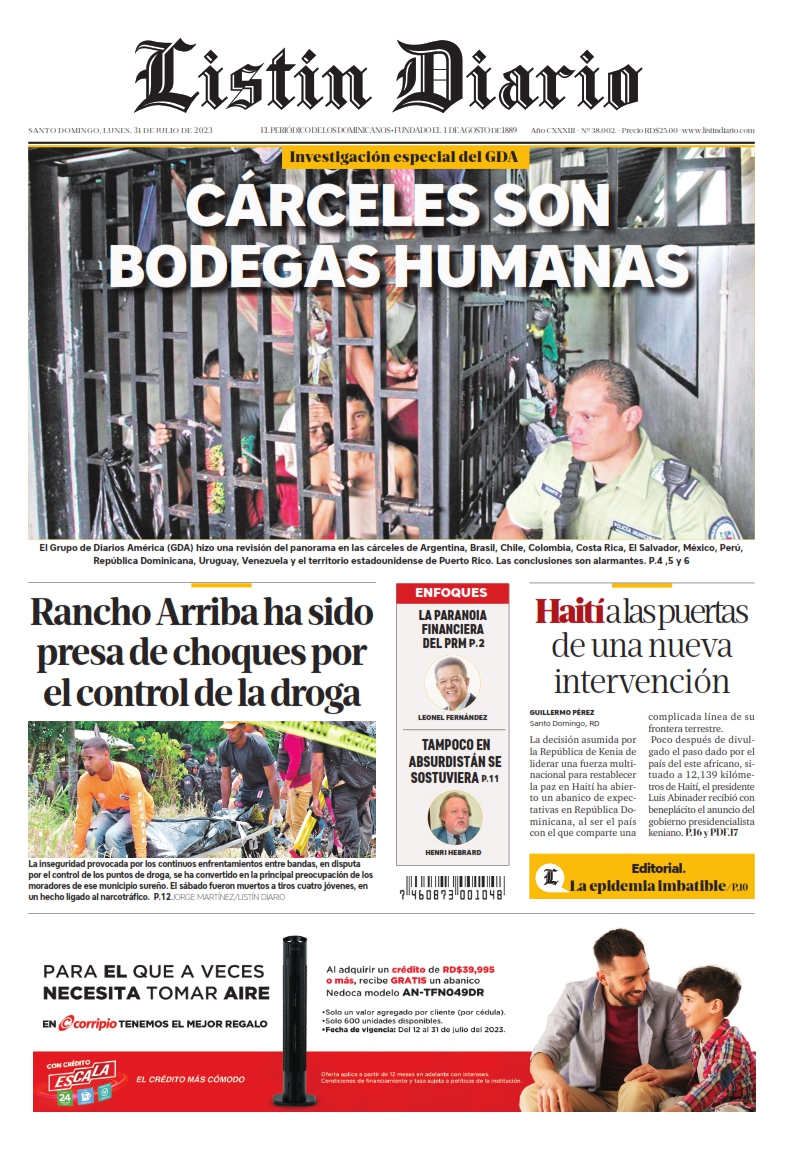 Portada Periódico Listín Diario, Lunes 31 Julio, 2023