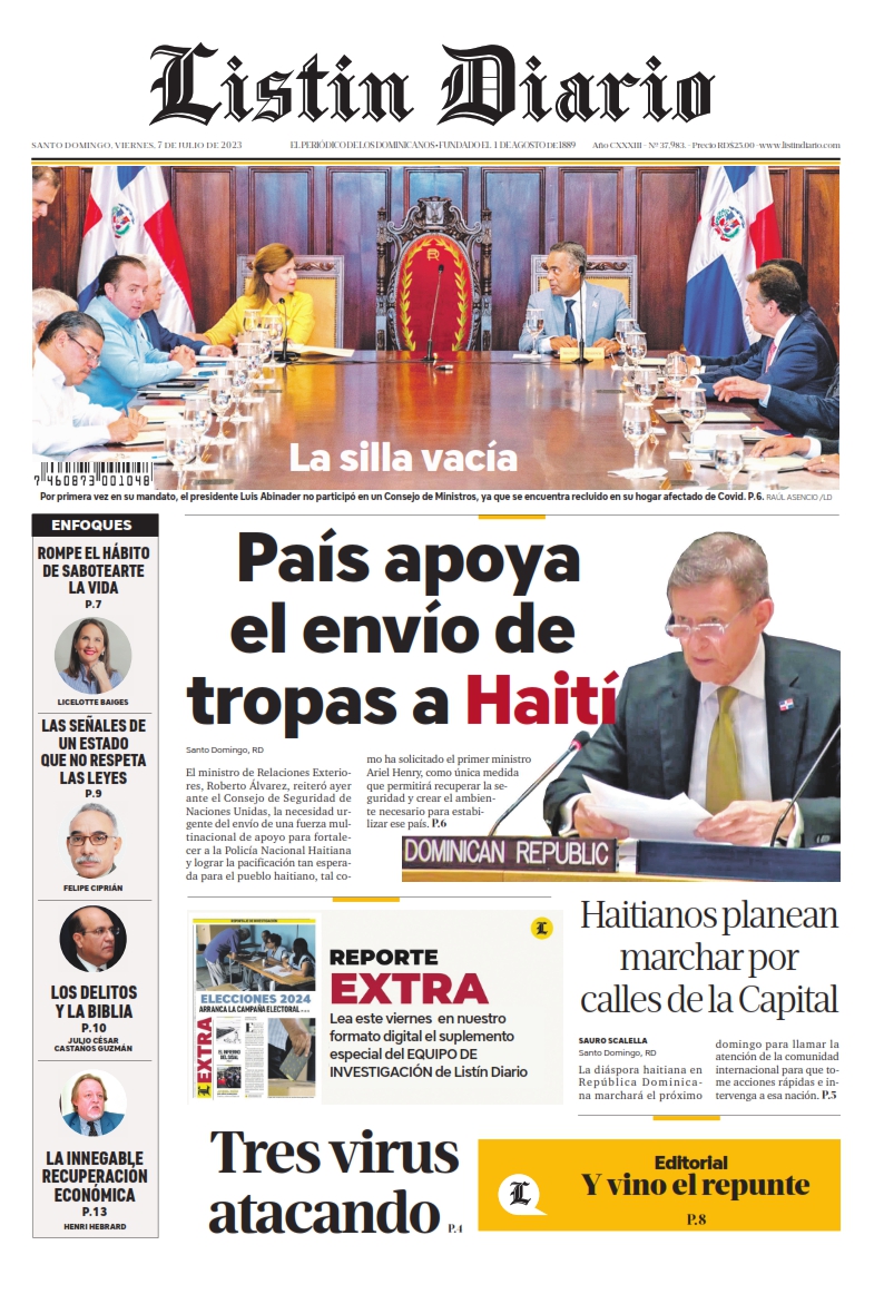 Portada Periódico Listín Diario, Viernes 07 Julio, 2023