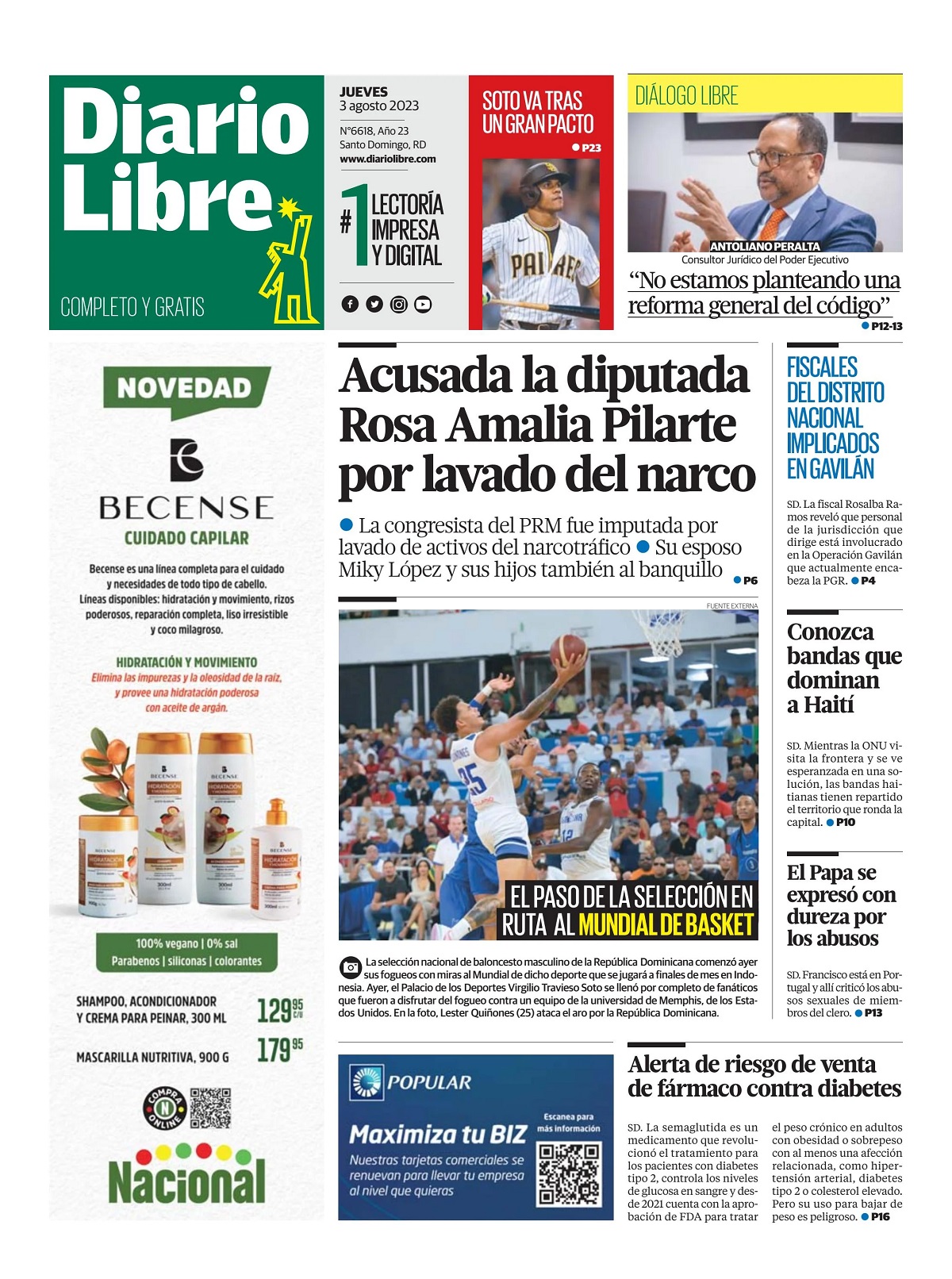 Portada Periódico Diario Libre, Jueves 03 Agosto, 2023