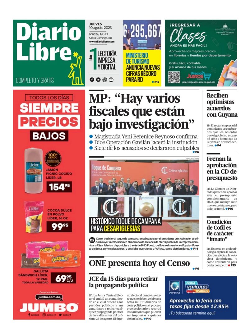 Portada Periódico Diario Libre, Jueves 10 Agosto, 2023