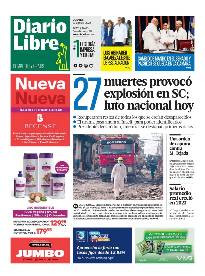 Portada Periódico Diario Libre, Jueves 16 Agosto, 2023