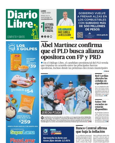 Portada Periódico Diario Libre, Lunes 07 Agosto, 2023