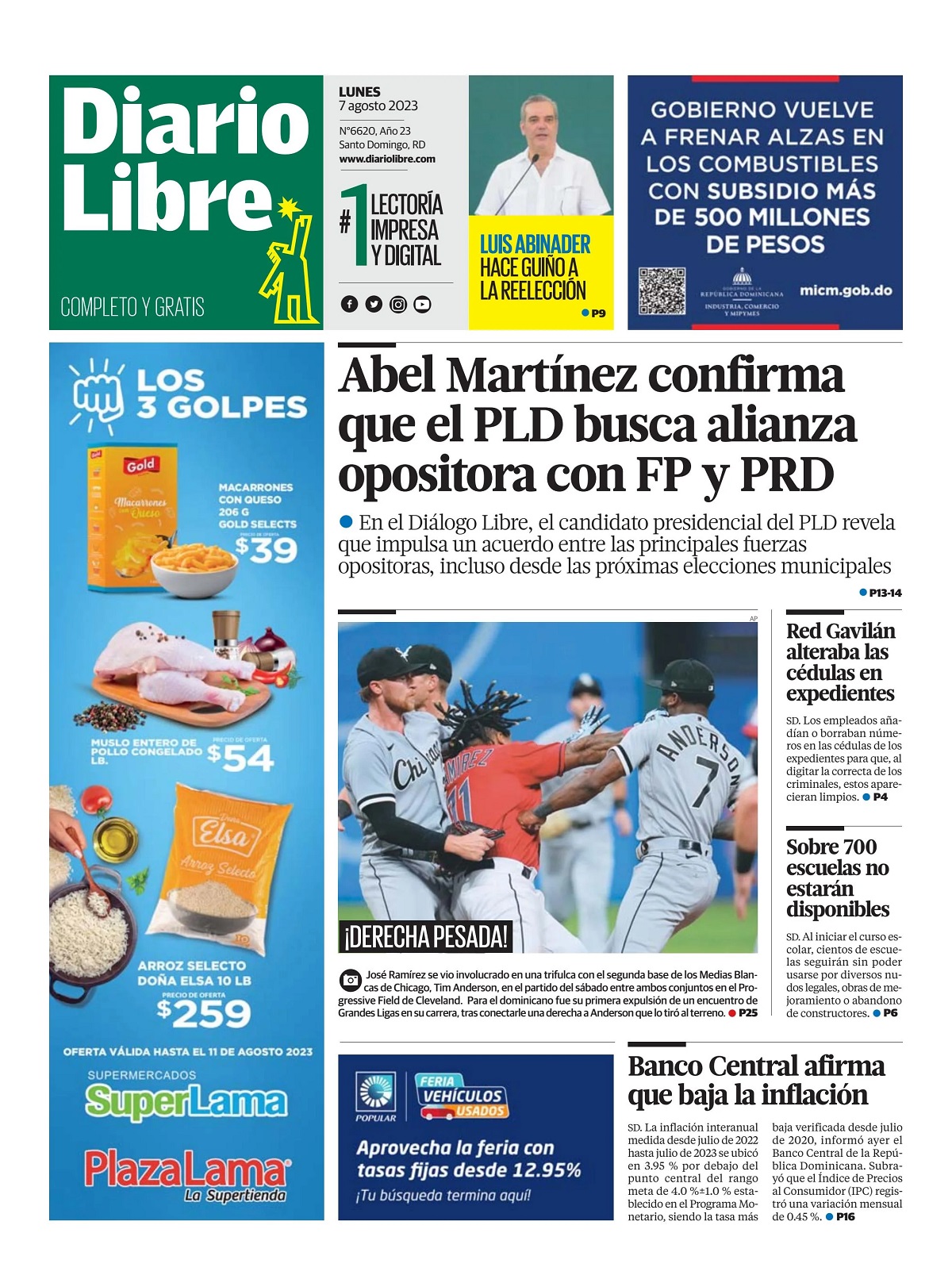 Portada Periódico Diario Libre, Lunes 07 Agosto, 2023