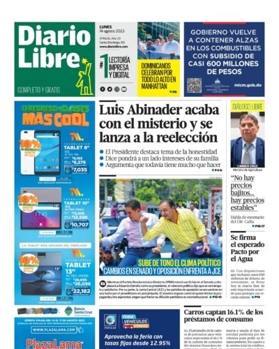 Portada Periódico Diario Libre, Lunes 14 Agosto, 2023