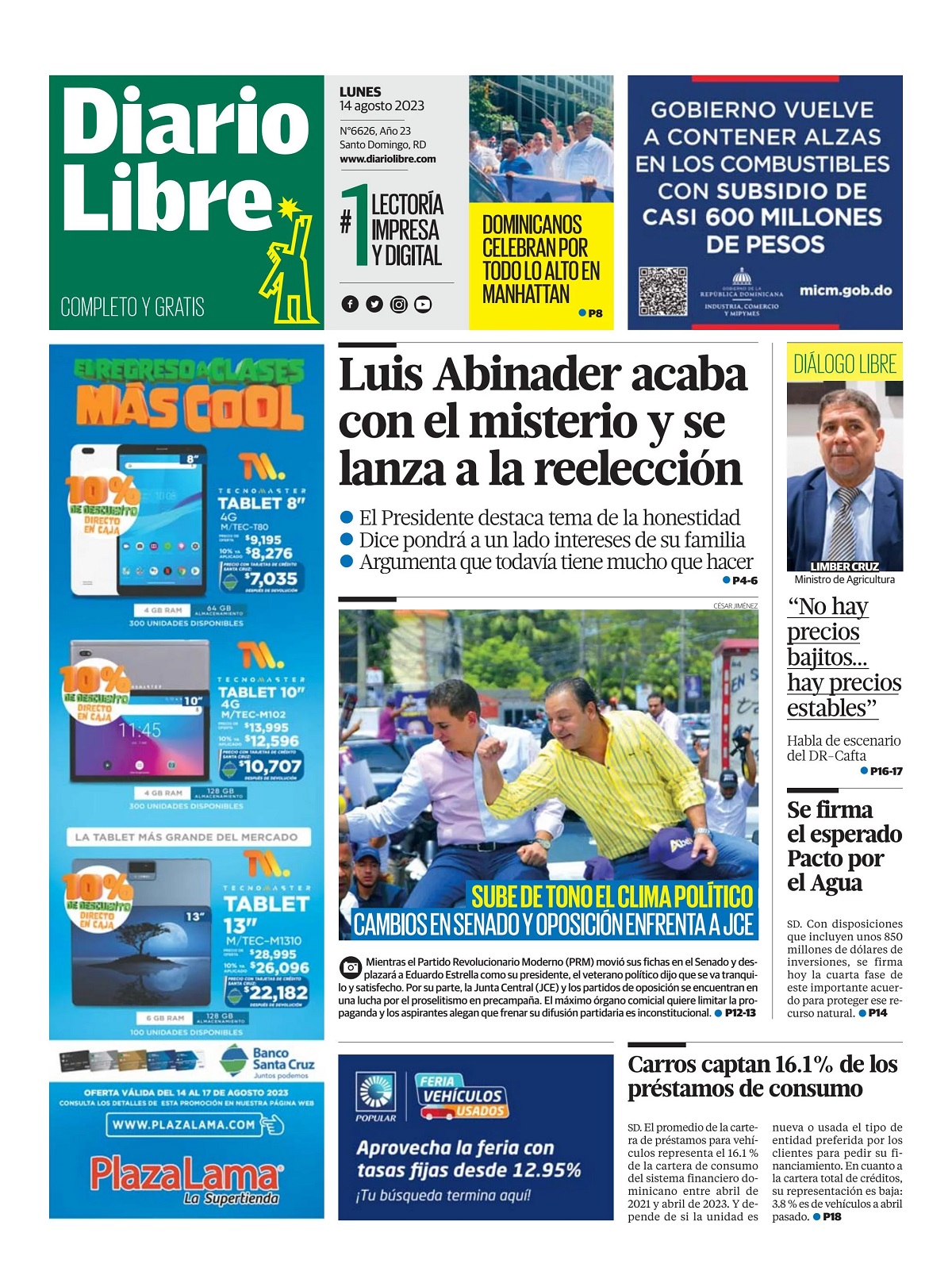 Portada Periódico Diario Libre, Lunes 14 Agosto, 2023