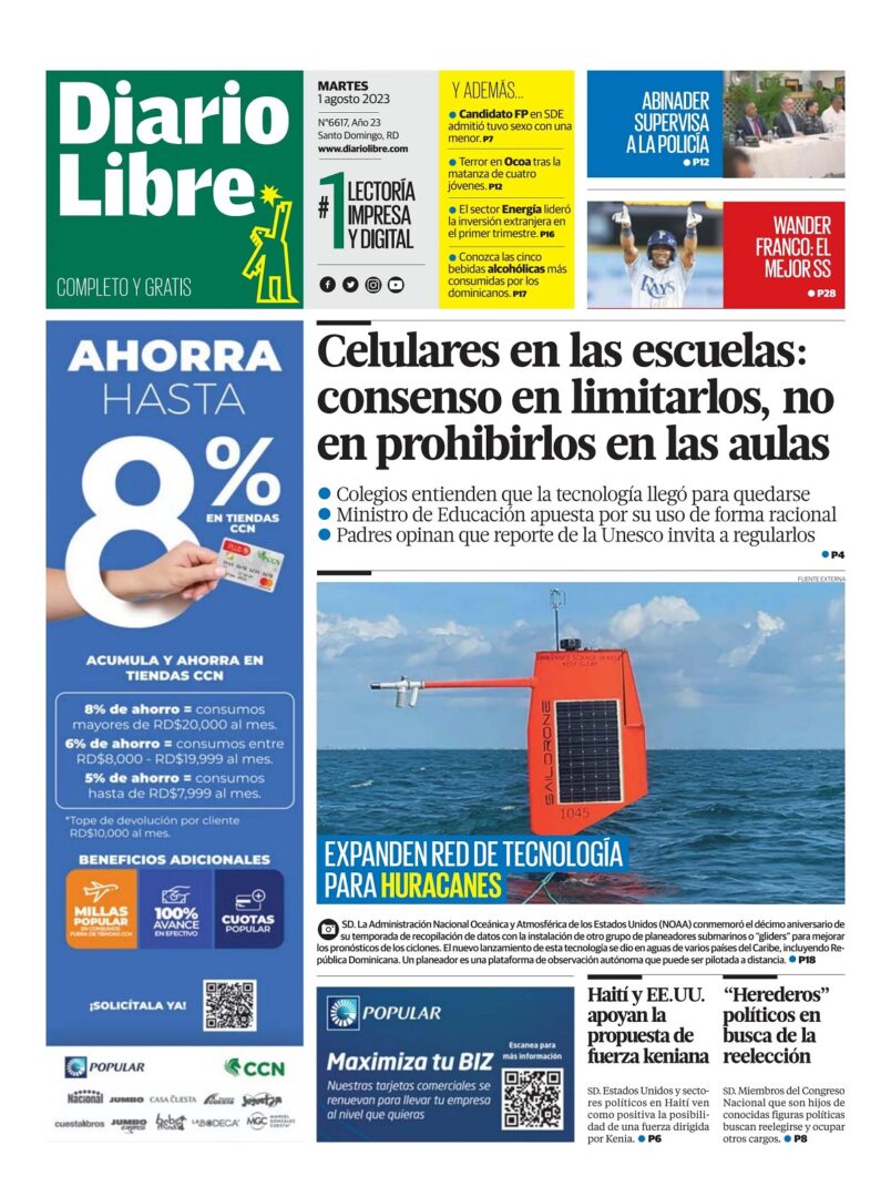 Portada Periódico Diario Libre, Martes 01 Agosto, 2023