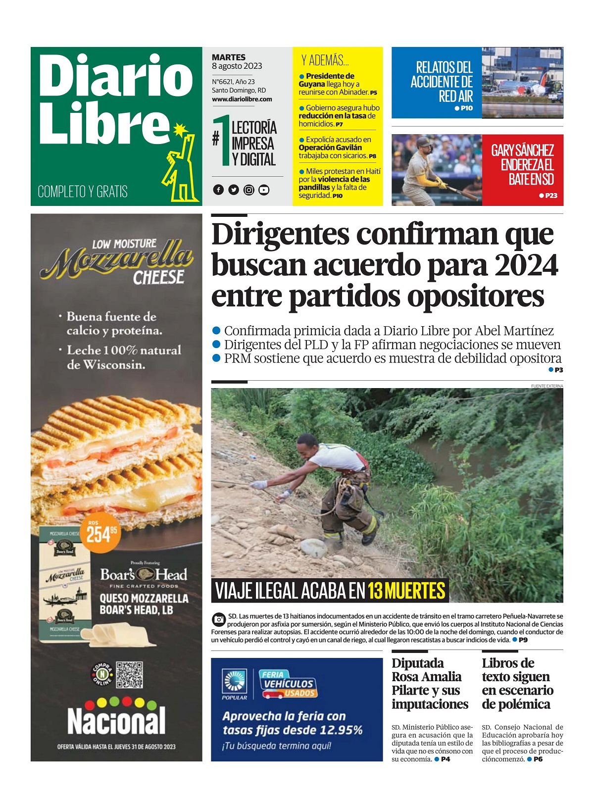 Portada Periódico Diario Libre, Martes 08 Agosto, 2023