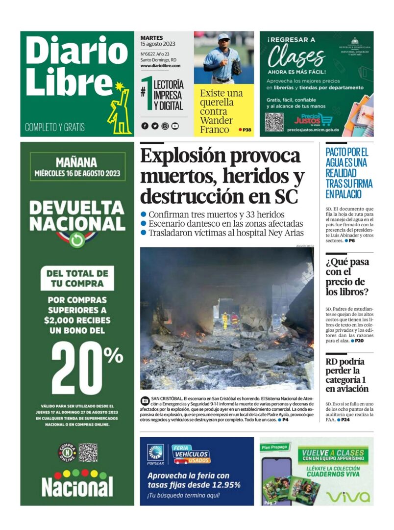 Portada Periódico Diario Libre, Martes 15 Agosto, 2023