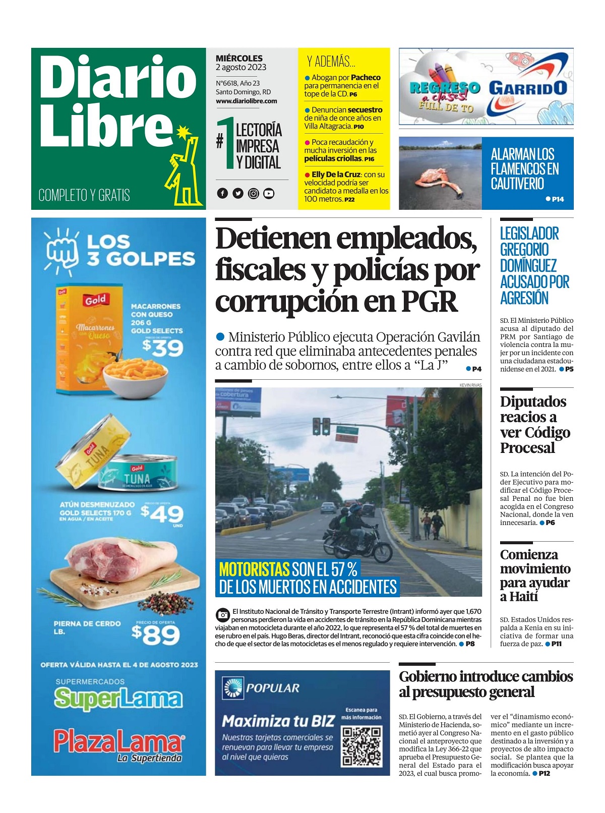 Portada Periódico Diario Libre, Miércoles 02 Agosto, 2023