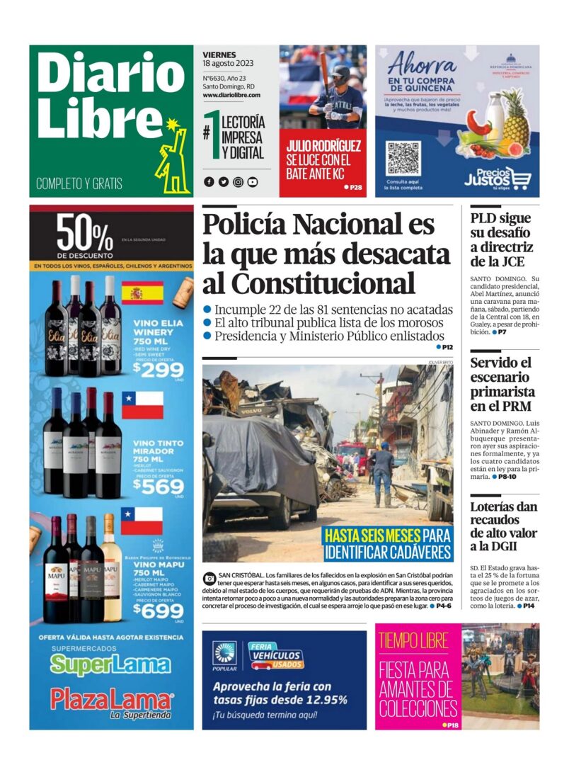 Portada Periódico Diario Libre, Viernes 18 Agosto, 2023