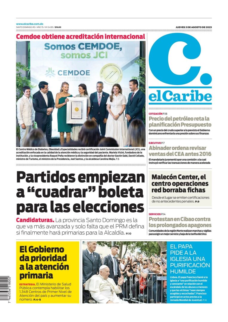 Portada Periódico El Caribe, Jueves 03 Agosto, 2023