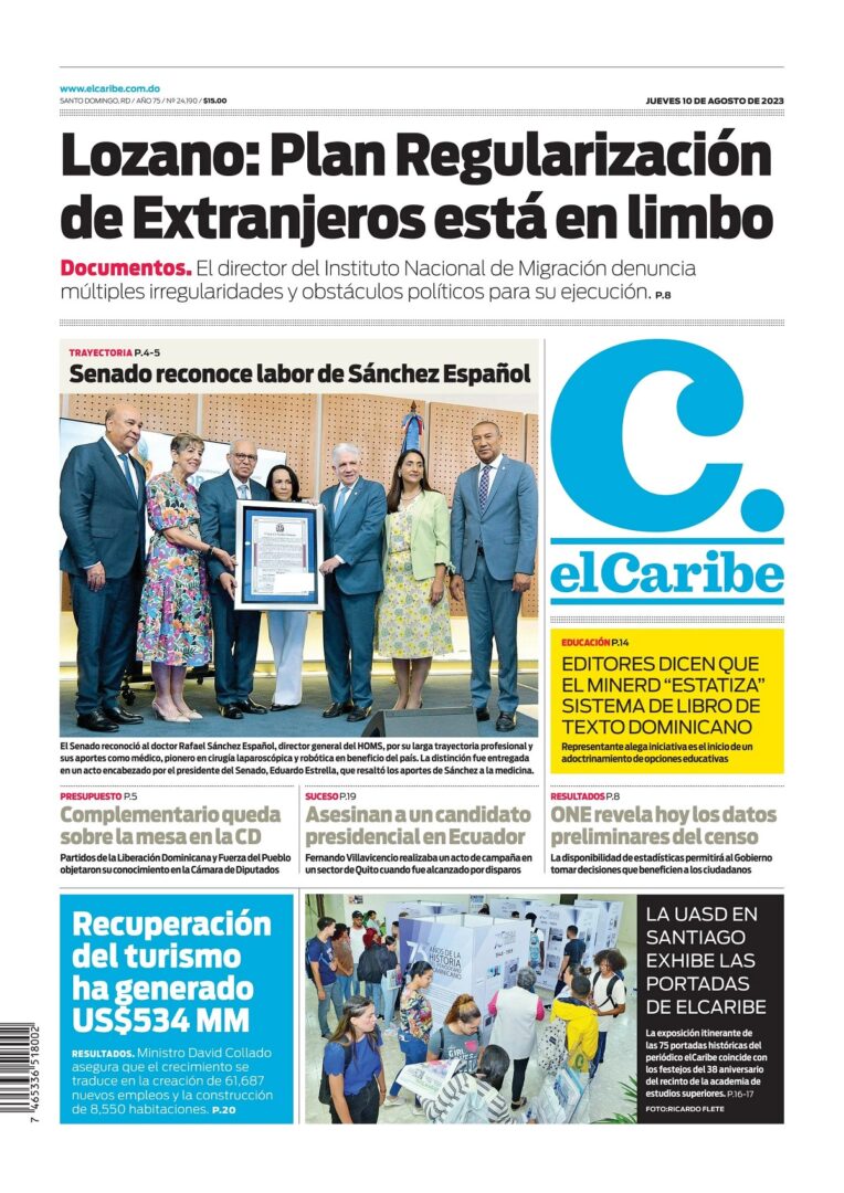 Portada Periódico El Caribe, Jueves 10 Agosto, 2023