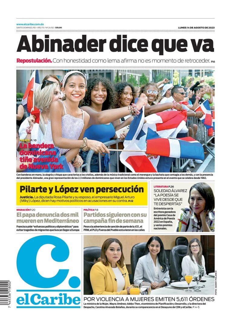 Portada Periódico El Caribe, Lunes 14 Agosto, 2023