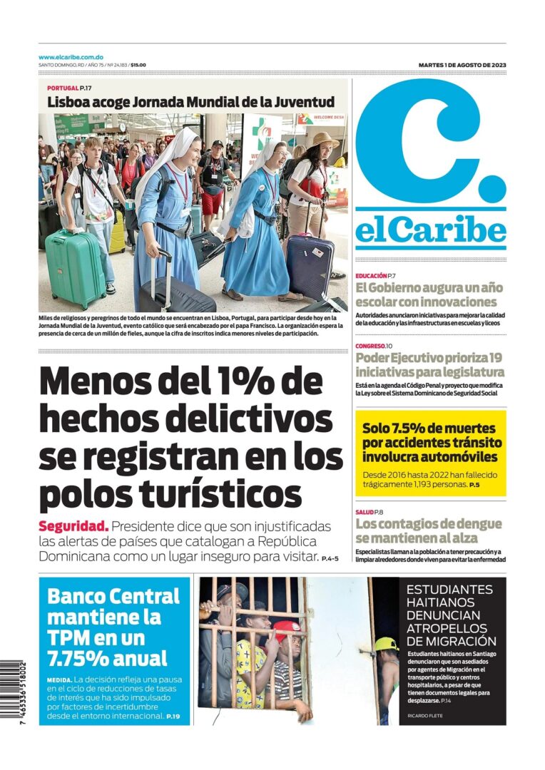 Portada Periódico El Caribe, Martes 01 Agosto, 2023