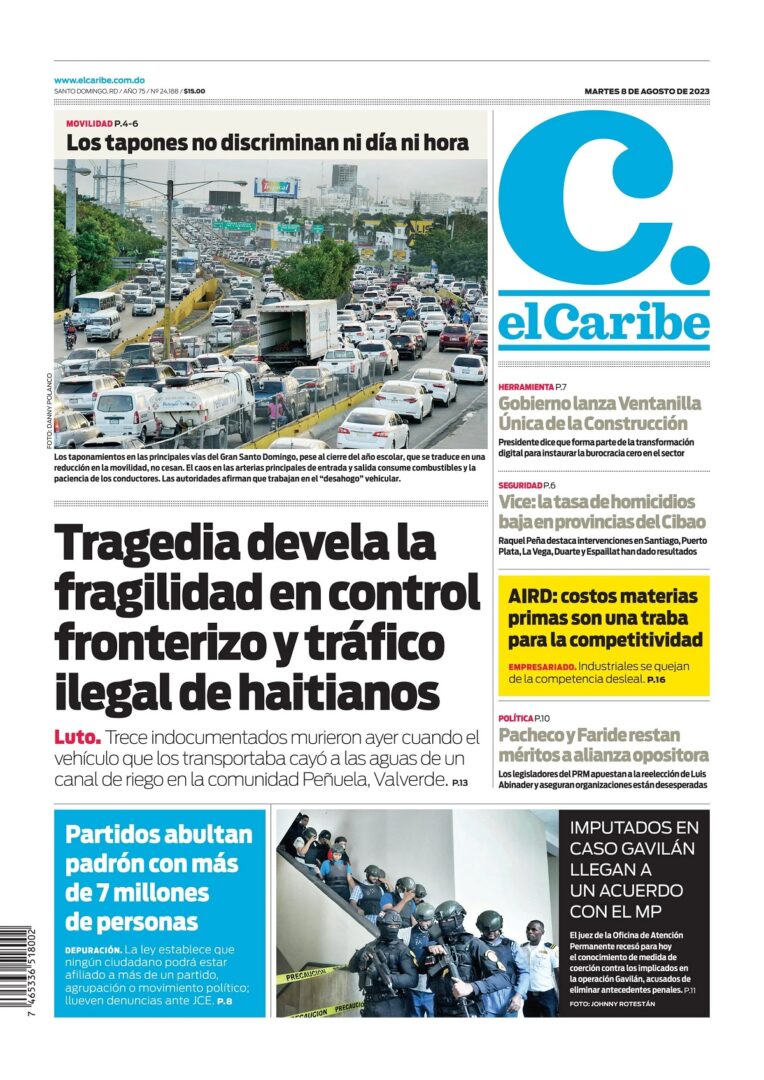 Portada Periódico El Caribe, Martes 08 Agosto, 2023