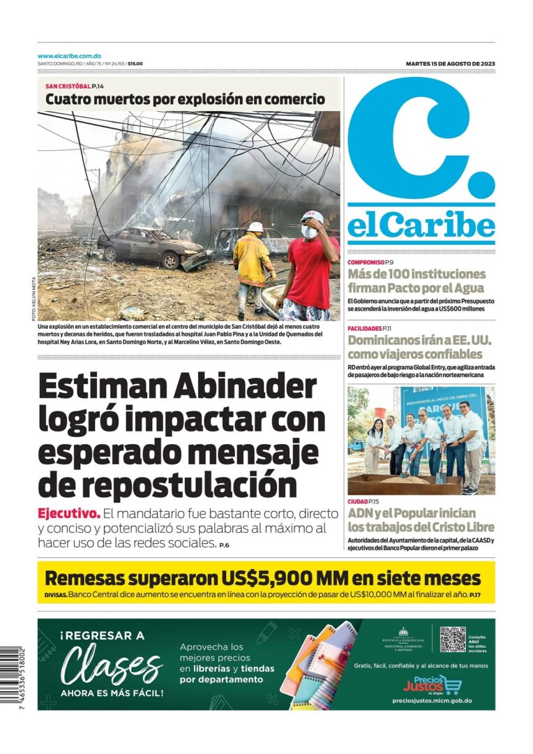 Portada Periódico El Caribe, Martes 15 Agosto, 2023