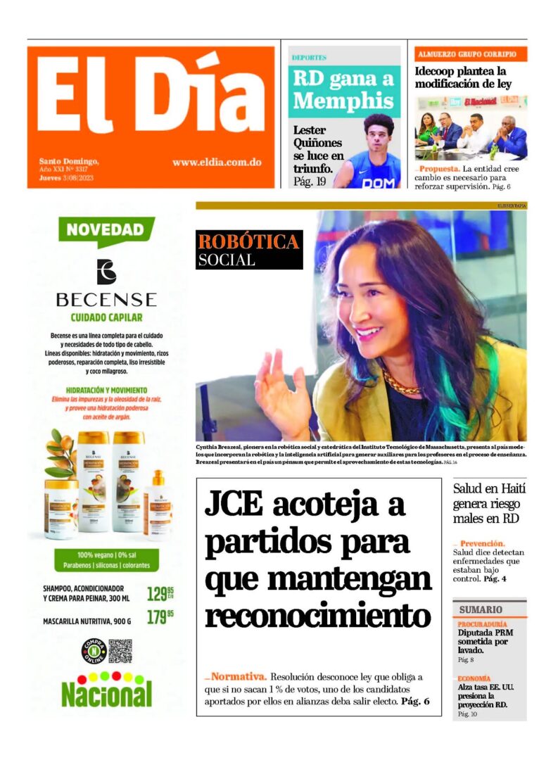 Portada Periódico El Día, Jueves 03 Agosto, 2023