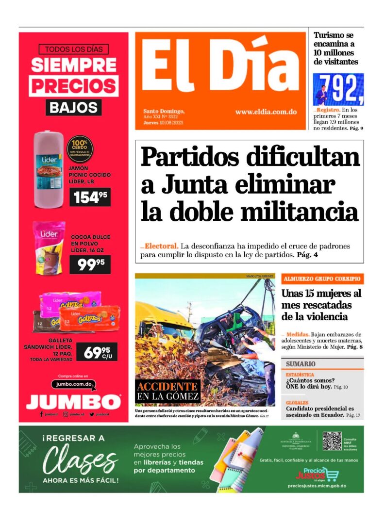 Portada Periódico El Día, Jueves 10 Agosto, 2023