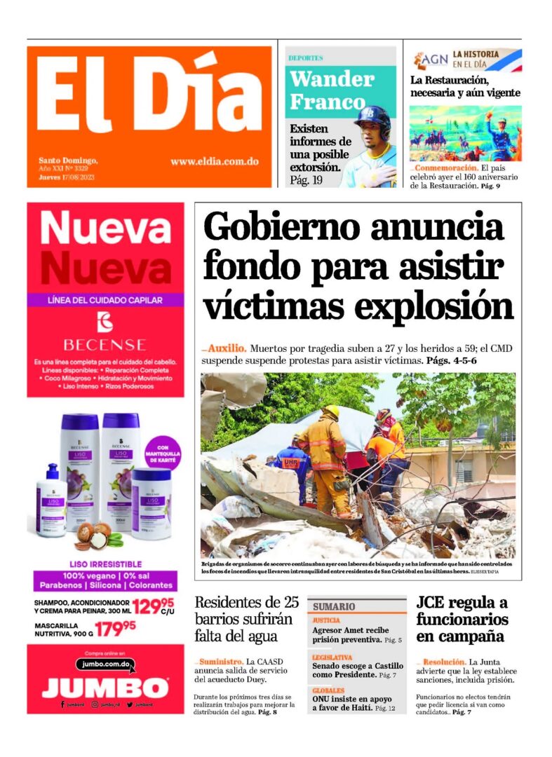 Portada Periódico El Día, Jueves 16 Agosto, 2023