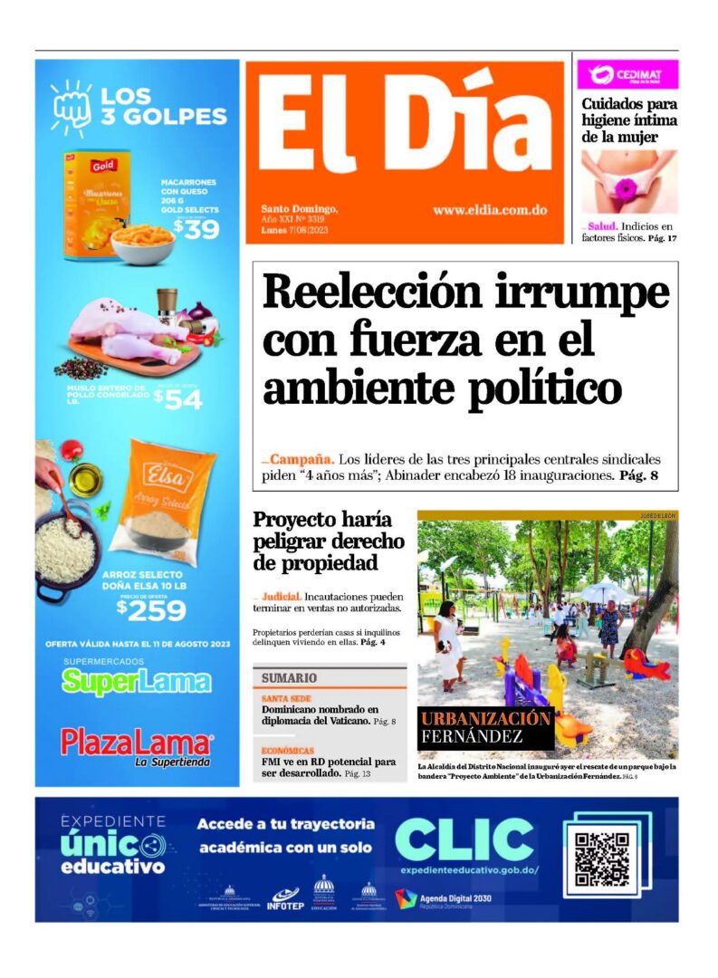 Portada Periódico El Día, Lunes 07 Agosto, 2023