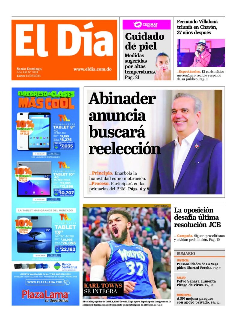 Portada Periódico El Día, Lunes 14 Agosto, 2023